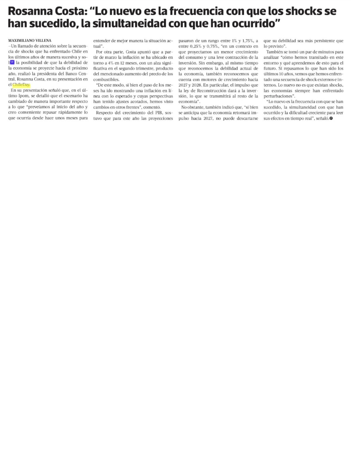 Recorte de prensa: La Tercera (Pulso), 15 de septiembre de 2026