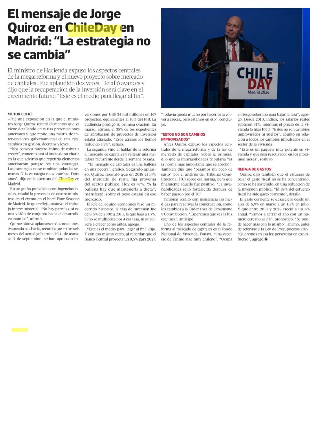 Recorte de prensa: La Tercera (Pulso), 15 de septiembre de 2026