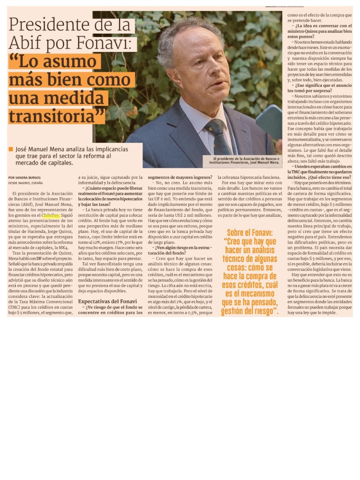Recorte de prensa: Diario Financiero, 15 de septiembre de 2026