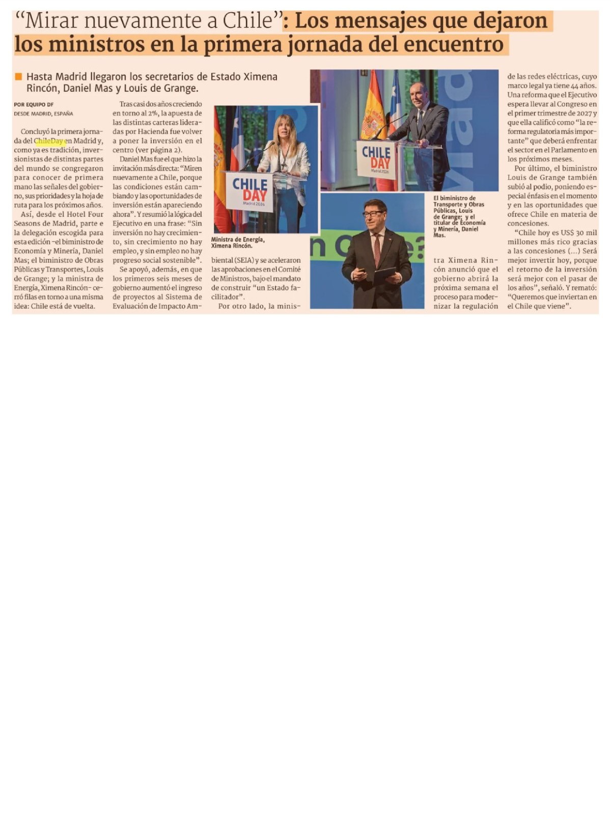 Recorte de prensa: Diario Financiero, 15 de septiembre de 2026