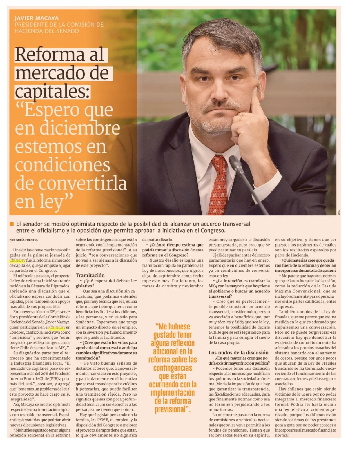 Recorte de prensa: Diario Financiero, 15 de septiembre de 2026
