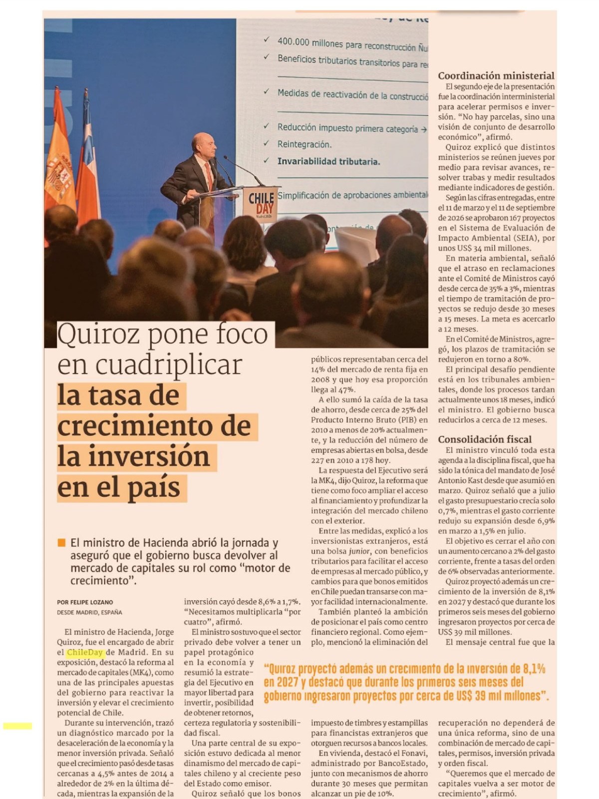 Recorte de prensa: Diario Financiero, 15 de septiembre de 2026