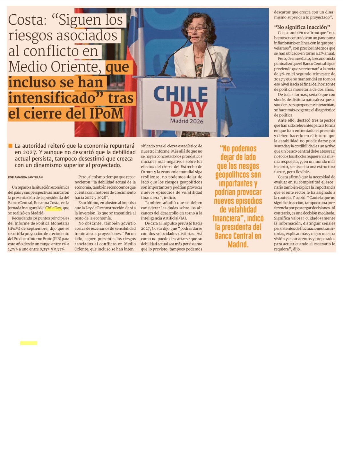 Recorte de prensa: Diario Financiero, 15 de septiembre de 2026