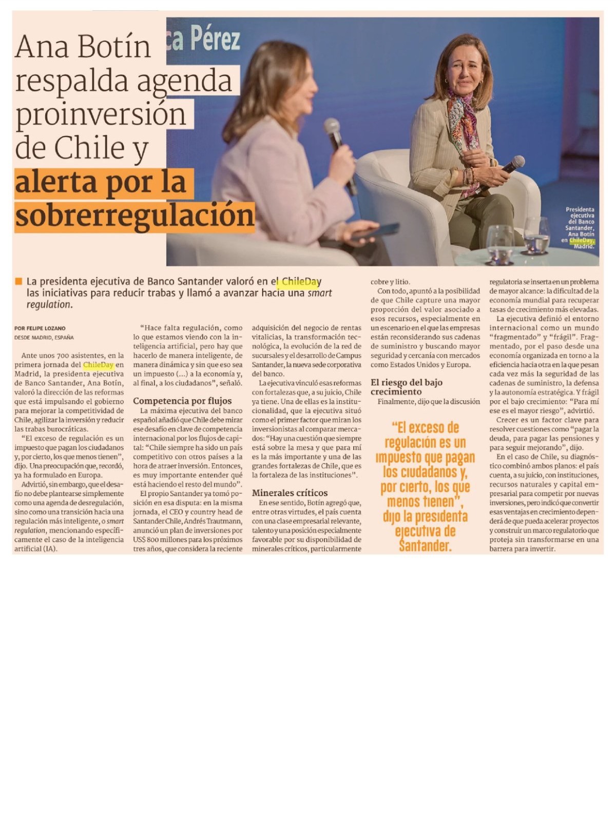 Recorte de prensa: Diario Financiero, 15 de septiembre de 2026