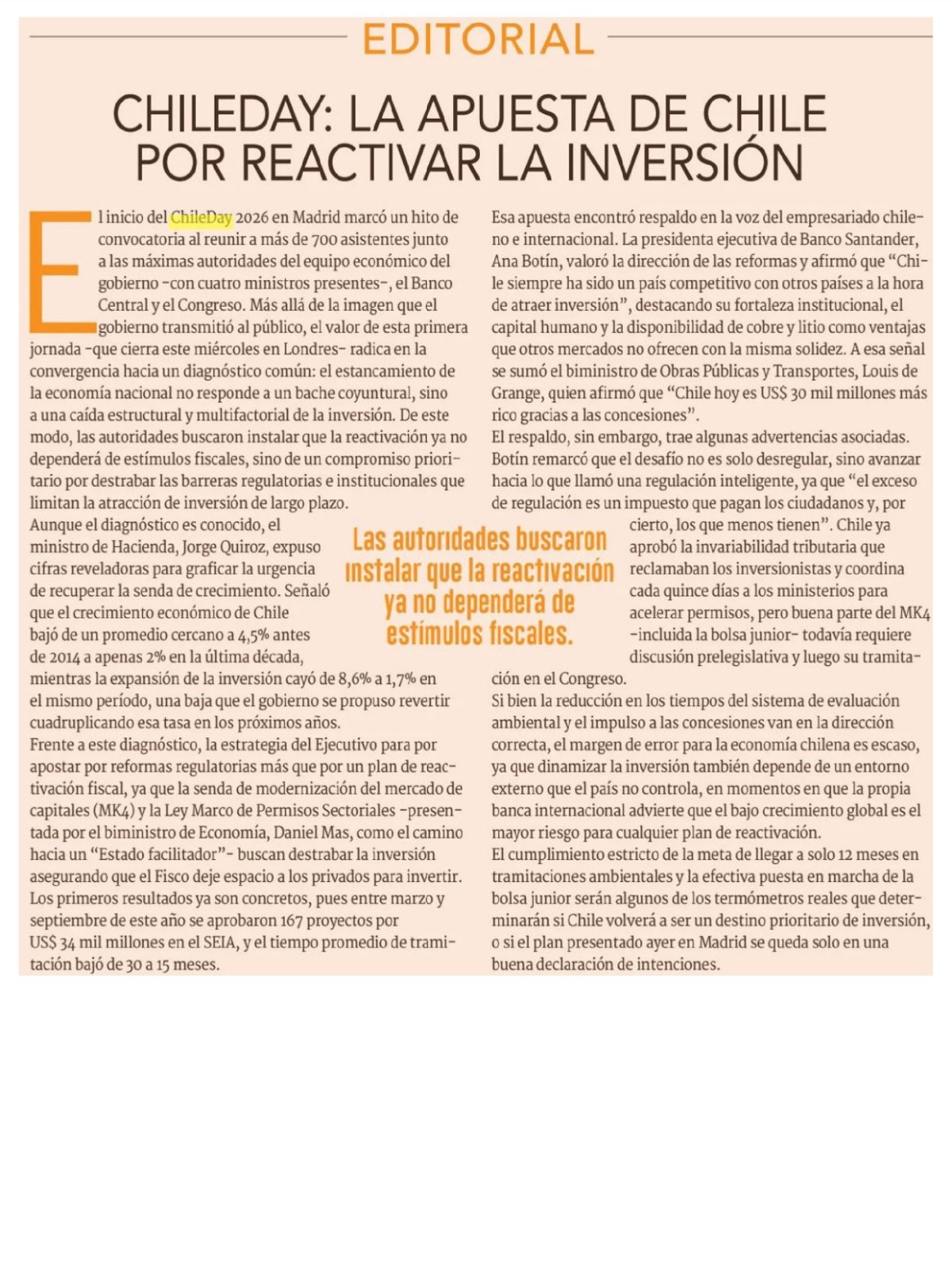 Recorte de prensa: Diario Financiero, 15 de septiembre de 2026