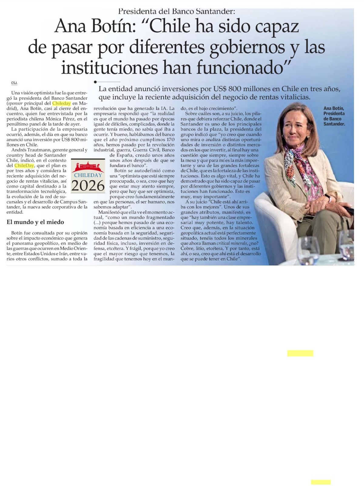 Recorte de prensa: El Mercurio (B), 15 de septiembre de 2026