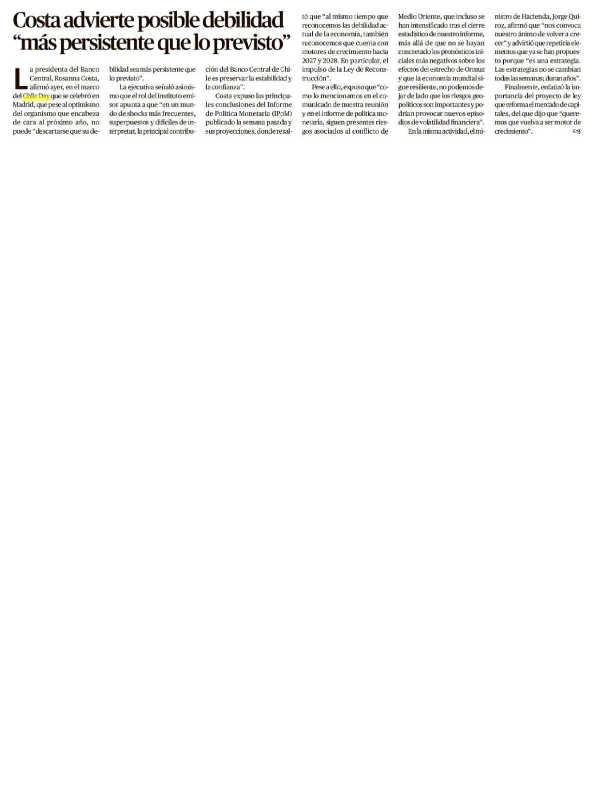 Recorte de prensa: El Mercurio de Valparaíso, 15 de septiembre de 2026