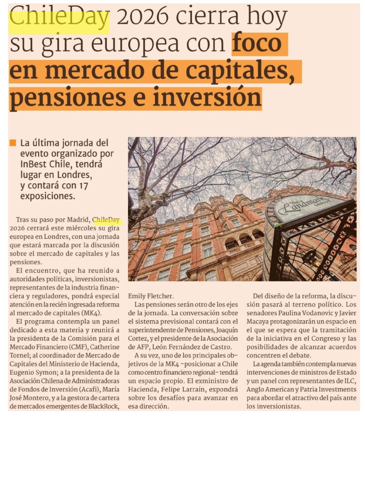 Recorte de prensa: Diario Financiero, 16 de septiembre de 2026