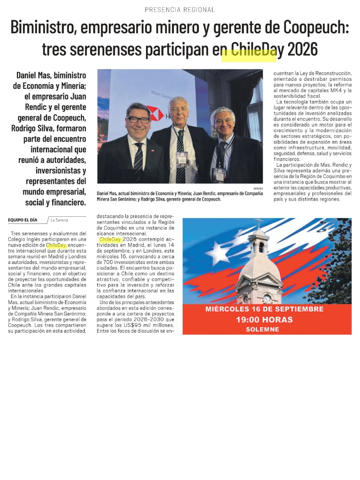 Recorte de prensa: El Día, 19 de septiembre de 2026