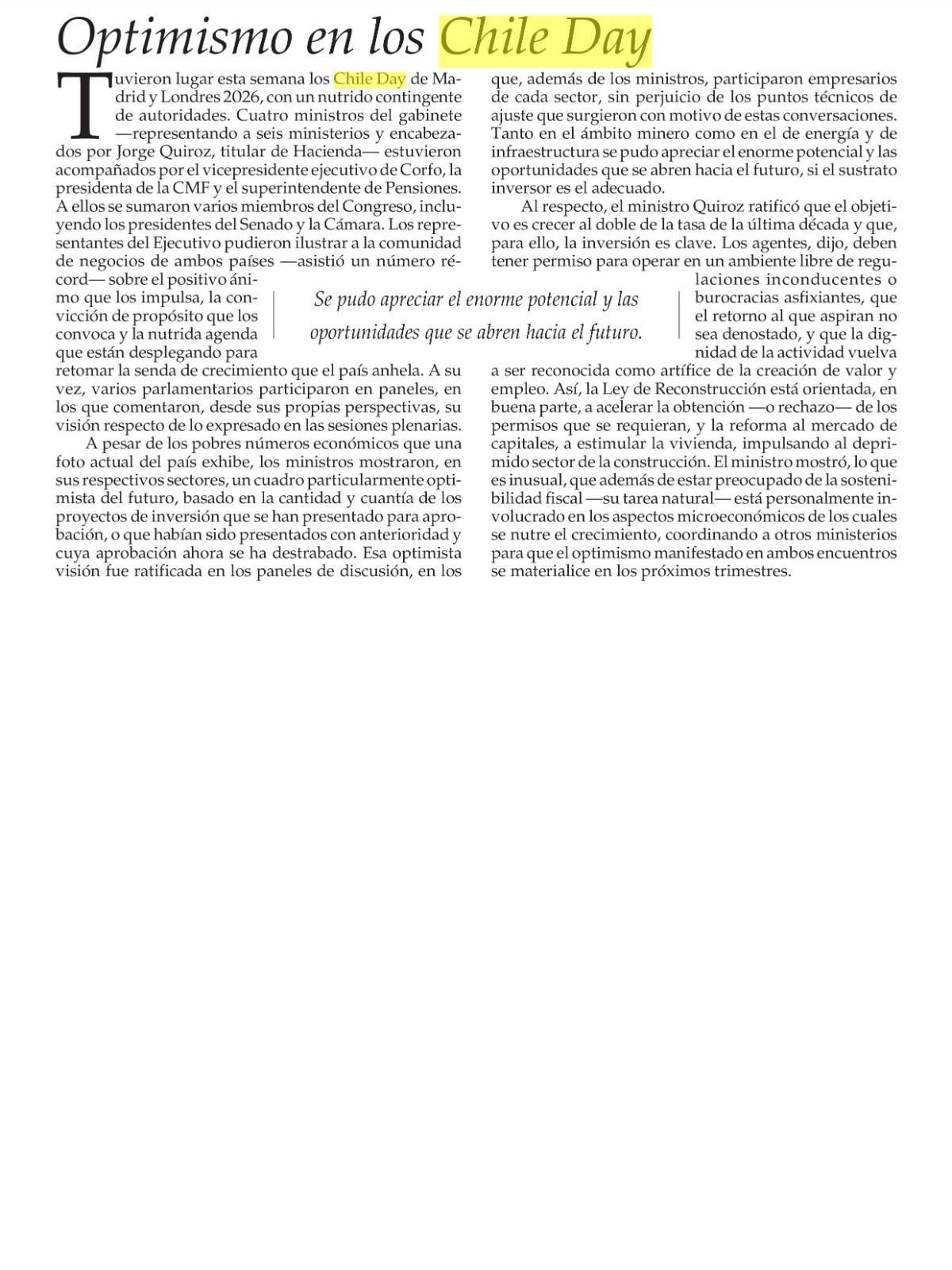 Recorte de prensa: El Mercurio (A), 20 de septiembre de 2026
